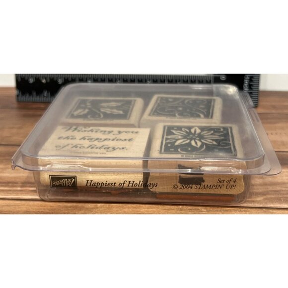 Stampin Up! HAPPIEST OF HOLIDAYS WOOD MOUNTED Rubber Stamp Set WISH HOLLY STAR - Picture 6 of 7